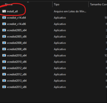 Pasta extraída com o arquivo install_all em destaque, acima dos instaladores vcredist